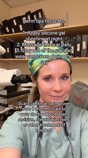 Silicone gel sheeting improves both surgical and injury scars by physically pressing on the scar and stimulating collagen remodeling. You cut a piece that fits, apply to clean skin and wear it overnight. Wash it and pat dry to use over again until it no longer sticks. Massaging the scar can actually do the same thing and stimulate collagen remodeling. Remember to apply sunscreen or avoid getting the scar in the sun. Although scars continue to improve over many months, talk to your doctor about t