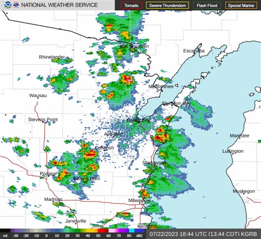 (425 PM) Radar is showing showers and storms approaching central WI and will reach Wood County by 5 PM. Other storms are across Menominee and eastern Shawano counties. Gusty winds to 40 mph, small hail, lightning, and heavy rainfall can be expected. If outdoors, consider seeking shelter immediately! **OUTDATED POST** | US National Weather Service Green Bay Wisconsin