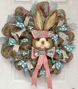 Easter Bunny Bonnet Handmade Deco Mesh Wreath. Available in 24 inch and 28 inch diameters.