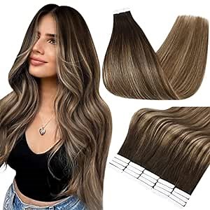 Full Shine Tape in Hair Extensions Human Hair 16 Inch Hair Extensions Real Human Hair Color 2 Fading to 3 Brown and 27 Blonde Invisible Remy Hair 20pcs Seamless Tape in Extensions Human Hair 50G