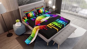 Rainbow Stripes Bed Sheet Set Kids Colorful Lips Sheets Set 4pc Pride Theme Microfiber Soft Bedding Set,1 Flat Sheet,1 Deep Pocket Fitted Sheet,2 Pillow Cases（King Size）