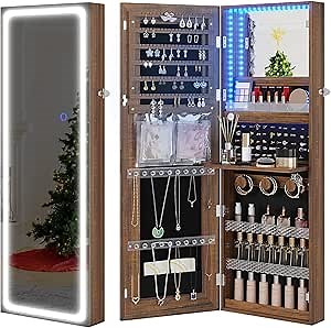 Jewelry Cabinet with Mirror, Wall/Door Mounte Jewelry Armoire with 3 Color Lights, Full Length Mirror with Storage, LED Jewelry Organizer has Adjustable Brightness Lights (Wood)