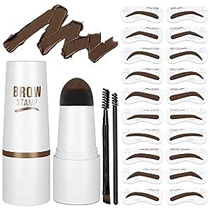 Eyebrow Stamp Stencil Kit - One-Step Vegan Eyebrow Stamp Pomade - Long-Lasting Waterproof Smudge-Proof - With 20Pcs Reusable Thin & Thick Eyebrow Stencils for Perfect Brows (Dark Brown)