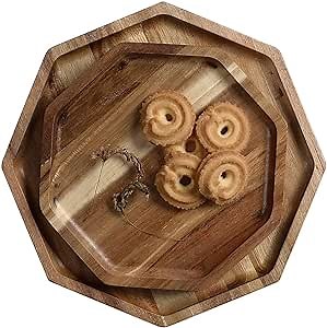Acacia Wood Serving Tray - Large Set of 2 Octagon Wooden Charcuterie Board for Food, Fruit, Vegetable, Meat Breakfast Lunch Dinner in Bed Decorative Bread Plates Party Dishes (1x12in, 1x10in)