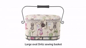 Dritz Large Oval Sewing Basket with Metal Handle, Vintage Dress Form Print