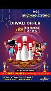  Celebrate Diwali with Fun & Games at MGB Playzone!  Get ₹2500 worth of credits when you load ₹2500! ✨ Offer valid from 18th to 22nd October  Bonus: +10 Free Games, 1 Bowling Game & 1 Softplay Entry  MGB Playzone, Nellore  Call: 88019 51762 | 94414 99762 #mgb #mgbfelicitymall #mgbplayzone #nellore #offers | MGB Felicity mall | Facebook