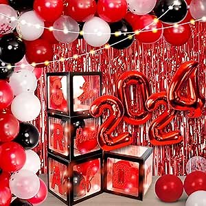 Graduation Party Decorations 2024,83PCS Graduation Party Supplies with 4 Grad Balloon Boxes with Letters, with 2 Red Foil Curtains Balloons Garland Kit Class of 2024 Graduation Decor（Red）