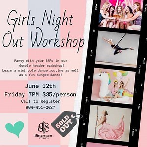 We are excited to host our “Girls Night Out Party” tonight! Who else is excited to have some fun? 🧁🍾🧁🍾🧁🍾🧁🍾🧁🍾 #girlsnightout #jacksonville #igersjax #polefitness #poledance #bungeefitness #aerialarts #aerialsilks #fridaymood #jacksonvillebeach #florida | Bittersweet Studios