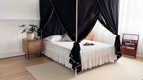 AIKASY Black Canopy Bed Curtains with Top Ties and Tie Backs for Bedroom Decoration - Queen Size Bed Curtains with Windproof and Lightproof Features