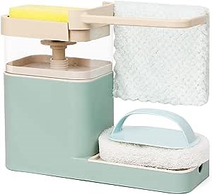 Sponge Holder Dish Soap Dispenser, Sponge Caddy Towel Bar Drain Rack, Kitchen Sink Shelf Included Sponge, Dish Towel, Non-Scratching Soap Brush and Liquid Pump Liquid Box (Blue)