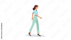 business girl walking in row side view, girl walk cycle animation, 2d character, motion graphics, cartoon women in smart casual and formal office outfits Stock Video