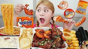 Mukbang! Spicy Chicken Noodles Dog Snack EATING | DONA English