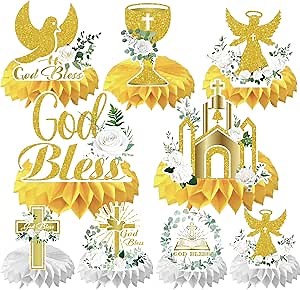 First Communion Table Decorations - 9PCS Baptism Party Decorations for Boys Girls God Bless Honeycomb Centerpieces for Tables Bautizo Decor First Communion Birthday Party Baby Shower Decor