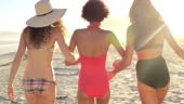 Rear view of three beautiful women walking on beach, MS, slow motion.