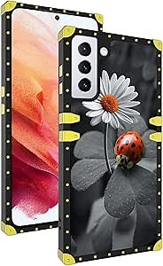 LIWEILE Designed Phone Case for Samsung Galaxy S22 with Ladybug Daisy Pattern Shockproof and Dropproof Black Frame Smartphone Protective Case