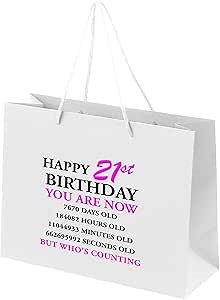 21st Birthday Gift Bags - White Paper with Rope Handles - Eco Friendly Large Gift Bag - Counting - Pink