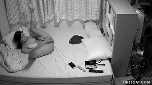 Hacked home ip camera: Korean girl trims pubic hair after intense masturbation, completely nude