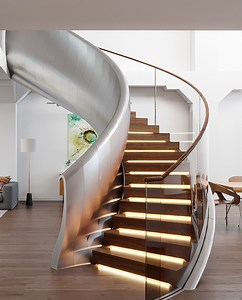 [Hot Item] Luxury Commercial Office Building Tempered Clear Glass Railing Wooden LED Curved Stairs