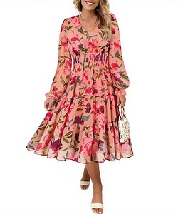 CASSIE LIZ Plus Size Fall Dresses 4X Casual Pink Floral Sundresses for Women Fashion Midi Elastic Waist Dresses Long Sleeve Elegant V Neck Loose Fit Winter Dress With Pocket 4XL 24W 26W