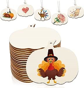 24 Pcs Wooden Pumpkin Cutouts, Wooden Pumpkins Hanging Ornaments DIY Crafts with Hole Hemp Ropes, Unfinished Pumpkin Cutouts Blank Pumpkin Wood Slices for Fall Party,DIY