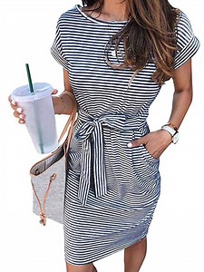 UVN Summer Dresses for Women Striped T Shirt Dress Casual Midi Dress Short Sleeve Sundress with Pockets