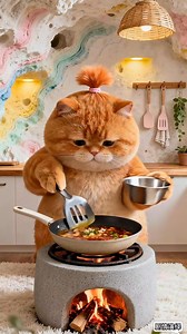 The big chubby orange cat is cooking. | Li Li