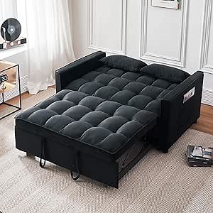 Contemporary Velvet Futon Sofa Bed with Adjustable Backrest, Storage Pockets, and Pillows - Ideal for Living Room or Bedroom (Black)