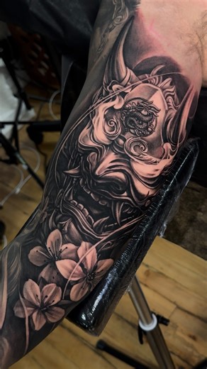 Hannya mask and Lady of Justice inner arm sleeve for my client Chris, done using @bishoprotary and @hornetarttattoosupply Stencil done with @tattoostencilpro.app #tattoo #tattooartist #blackandgreytattoo #realismtattoo #tatuaje #tatuajes #tatuagem #tattooideas #tattooart | Dayan Torres Art