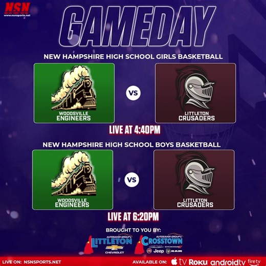 NSN continues another BUSY week of High School Athletic Coverage in Vermont and New Hampshire with a 4 games for you tonight from New Hampshire! In Games #1 and #2, both being brought to you by our partners at Littleton Chevrolet and Crosstown Chrysler Dodge Jeep Ram Fiat, Woodsville High School will travel to take on Littleton High School/Daisy Bronson Middle School in two NHIAA Division IV Basketball showdowns! The Pregame Show for the Girls tilt is slated to begin at approximately 4:40 PM, wi
