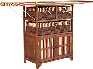 Compact Space Saver Ironing Board with Shelves and Storage Boxes, Striped Style, Woven Storage Drawer and Easy Storage, Non-Slip Foldable Ironing Stand for Small Spaces, Laundry Rooms or Dorms