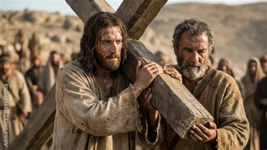 Biblical portrayal of a man carrying a cross while another man helps, depicting faith, suffering, and redemption