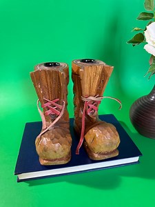 Vintage Hand-carved Wooden Boot Candle Holders - Rustic Hiking Boot Candlesticks - Etsy
