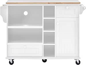 Rolling Kitchen Island Table on Wheels - Multifunctional Storage Cabinet with Drawer, Spice,Towel Rack and Microwave Cabinet - Versatile Kitchen Cart Sideboard(51 inch-White)