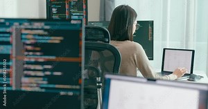 Group Adult Asia male, female freelance typing write prompt AI bot IT app smart program nomad, video game, terminal with coding language, user interface, designer, big data center on desktop computer.