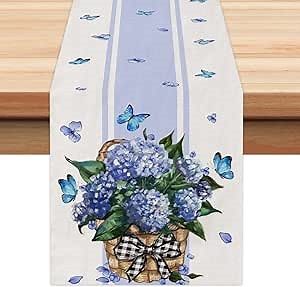 GEEORY Blue Hydrangea Spring Table Runner 13x72 Inch Farmhouse Rustic Floral Basket Holiday Kitchen Dining Table Decoration for Indoor Outdoor Dinner Party Décor GT018