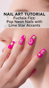 Dive into the vibrant world of neon nails! Get ready to fizz with Fuchsia and pop with lime star accents! Nail art tutorial coming your way! #bluesky #nailtrends #nails #neonnails #neons #BlueskyNailArt #blueskynails #blueskygelpolish #blueskyglobal #SpeakYourTruth #DareToBeYou #nailtutorial | BlueskyProducts