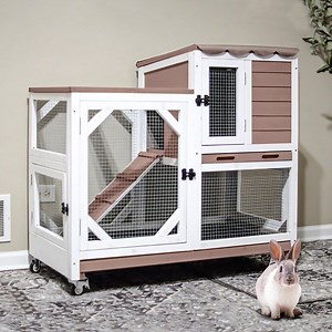 Aivituvin 2-Story Rabbit Hutch with Wheels, Indoor Outdoor Wooden Rabbit Cage with Ramp & Leak-Proof Trays for Rabbits & Guinea Pigs, Brown - Walmart.com