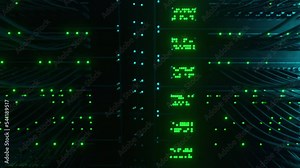 Super computer server racks in datacenter. Concept of big data storage and mining cryptocurrency. Network routers of ISP. Many wires connect to the network interfaces of powerful internet servers