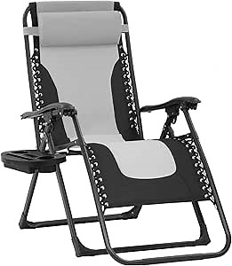 Oversized Padded Zero Gravity Chair Lounge Chair Outdoor Patio Recliner with Cup Holder Adjustable Headrest for Patio Pool Deck Camping Support 380lbs (1, Grey)