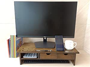 Wood Monitor Stand Riser - 2-Tier Bamboo Luxury Computer Shelf with Drawers