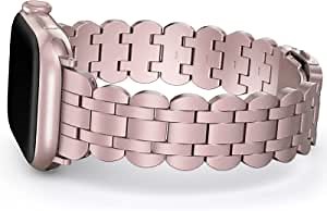 Moolia Stainless Steel Designer Strap Compatible with Apple Watch Band 42mm 44mm 45mm 49mm Women Unique Elliptical Replacement Bracelet for iWatch Series 8 7 6 5 4 3 2 1 SE, Pink Gold