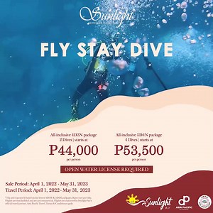 The pristine waters of Coron & Culion, Palawan are home to the region’s majestic coral gardens, WWII shipwrecks, unique diving spots, and marine life. Dive into the depths of Palawan’s beauty through Sunlight Ecotourism Island Resort and Sunlight Air’s Fly, Stay & Dive package. Inclusions: • 4D3N or 5D4N accommodation in SETIR with daily breakfast • Roundtrip shared charter flight via Sunlight Air • Roundtrip land and boat transfers from Busuanga Airport to SETIR • 30kg check-in baggage (and div