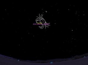 The stars of Spring are beginning to arrive in the early evening sky. One of the smaller and less obvious such constellations is dim little Cancer the Crab, sitting just in front of the more obvious shape of Leo the Lion. Cancer isn't easy to spot, and its faint stars look more like an upside-down Y than a crab. At the center of the Y shape is a small fuzzy patch that a telescope will reveal to be a beautiful open cluster of stars. All bound together by their mutual gravity, this little grouping