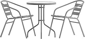 Flash Furniture TLH-071RD-017CSV2-GG Lila 23.75'' Round Glass Table with 2 Metal Aluminum Slat Stack Chairs, Silver