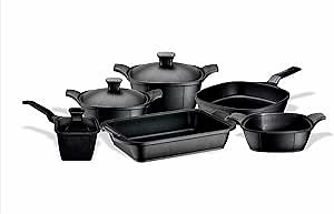 Luxury Cast Aluminum Complete "Cookware Set" - Nonstick, All Stovetops (Matrix) (Induction) (11 Pcs - Black)