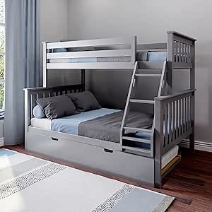 Max & Lily Bunk Bed, Twin-Over-Full Wood Bed Frame For Kids With Trundle, Grey
