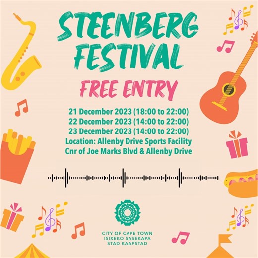 🎪🎵 Come enjoy amazing music, kid-friendly activities, fabulous performances and locally made goods at the Steenberg Festival! 🎶🛍️ Artists include Granville Michaels, Nur Abrahams, Static Space, Severo, DJ Cummings, Sibelius School Band, St Joseph’s Christmas Band, and many more. Steenberg Festival: 📅 Below ➡️ Allenby Drive Sports Facility: Corner of Joe Marks Blvd & Allenby drive. #SteenbergFest #CTEvent | City of Cape Town