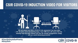 CSIR COVID-19 Induction Video for visitors. This video aims to provide anyone visiting the CSIR with information and guidance on processes to prevent and minimise the spread of COVID-19 while on any of the CSIR sites. Please watch this video if you are planning to visit one of our sites. | CSIR