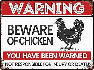Chicken Warning Sign - 8x12 Inch Vintage Rustic Metal Poster for Outdoor Yard Fence Wall Office Home Decor