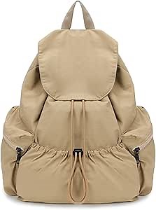 Women Casual Daypacks Canvas Backpack Drawstring Rucksack for Outdoor Travel College University Campus Khaki